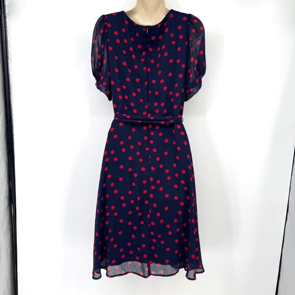 Connected Twisted-Sleeve Fit & Flare Dress Woman’s size medium sheer navy red po - Picture 10 of 14